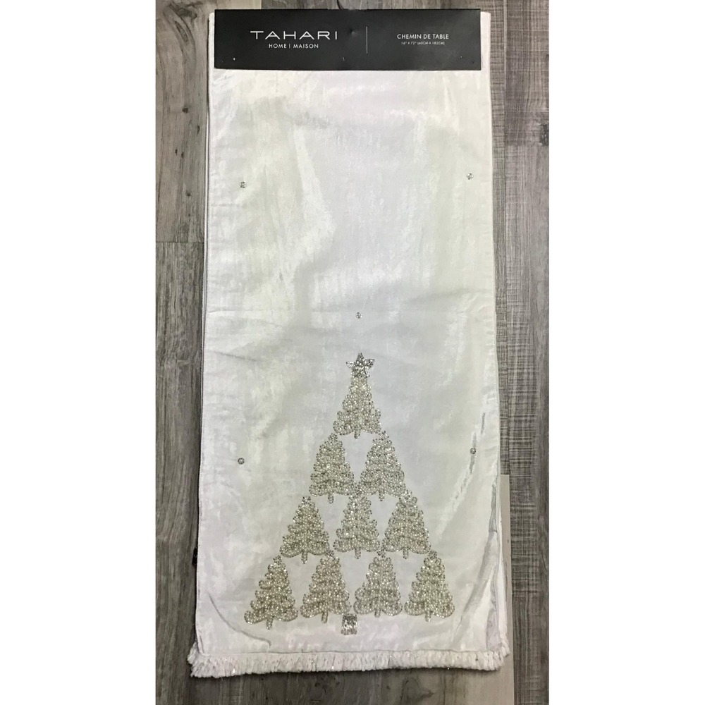 Tahari Home White Velvet Beaded Christmas Tree Table Runner 16x72 Holiday Decor